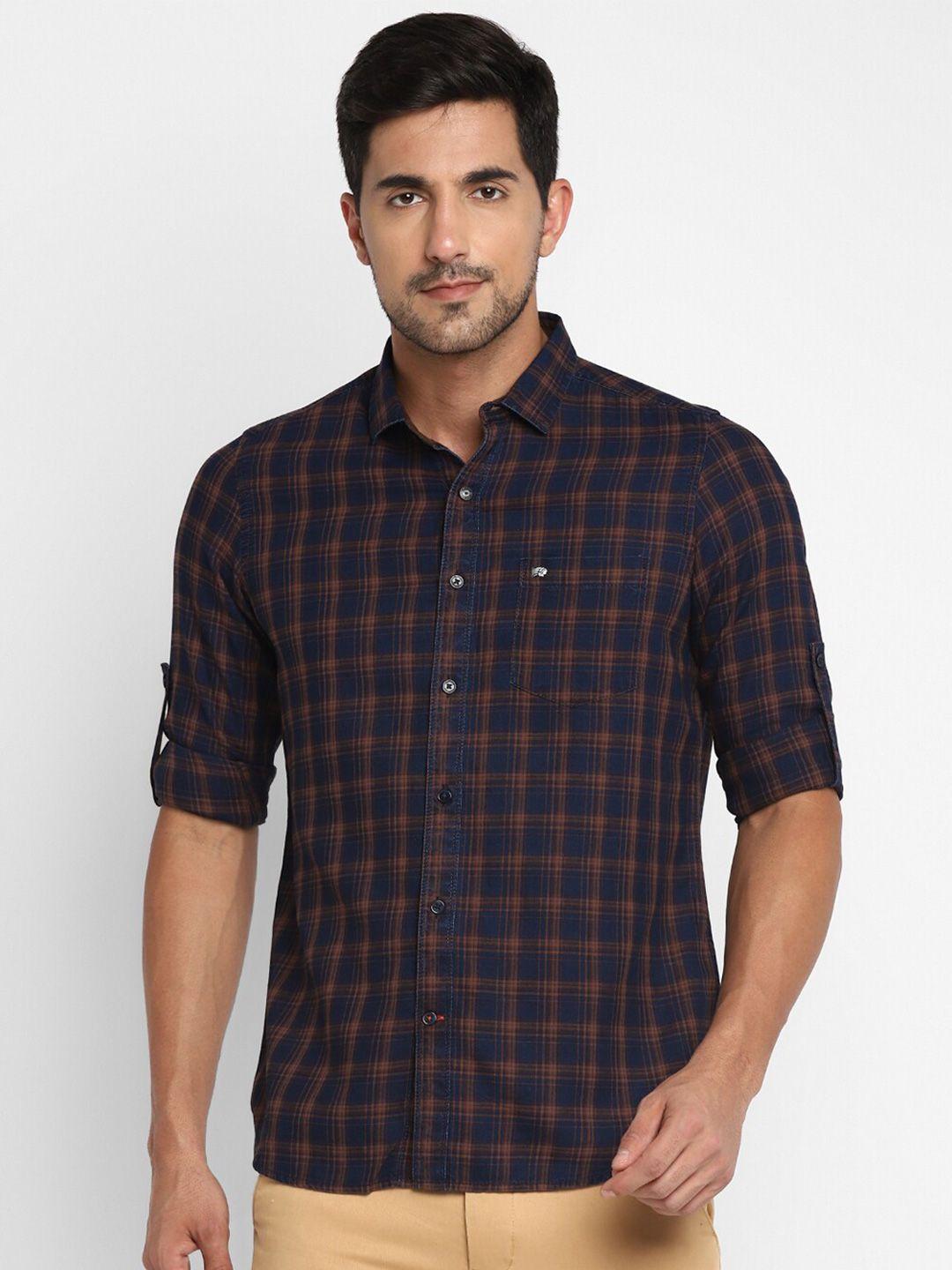 red chief men navy blue and brown checked slim fit cotton casual shirt