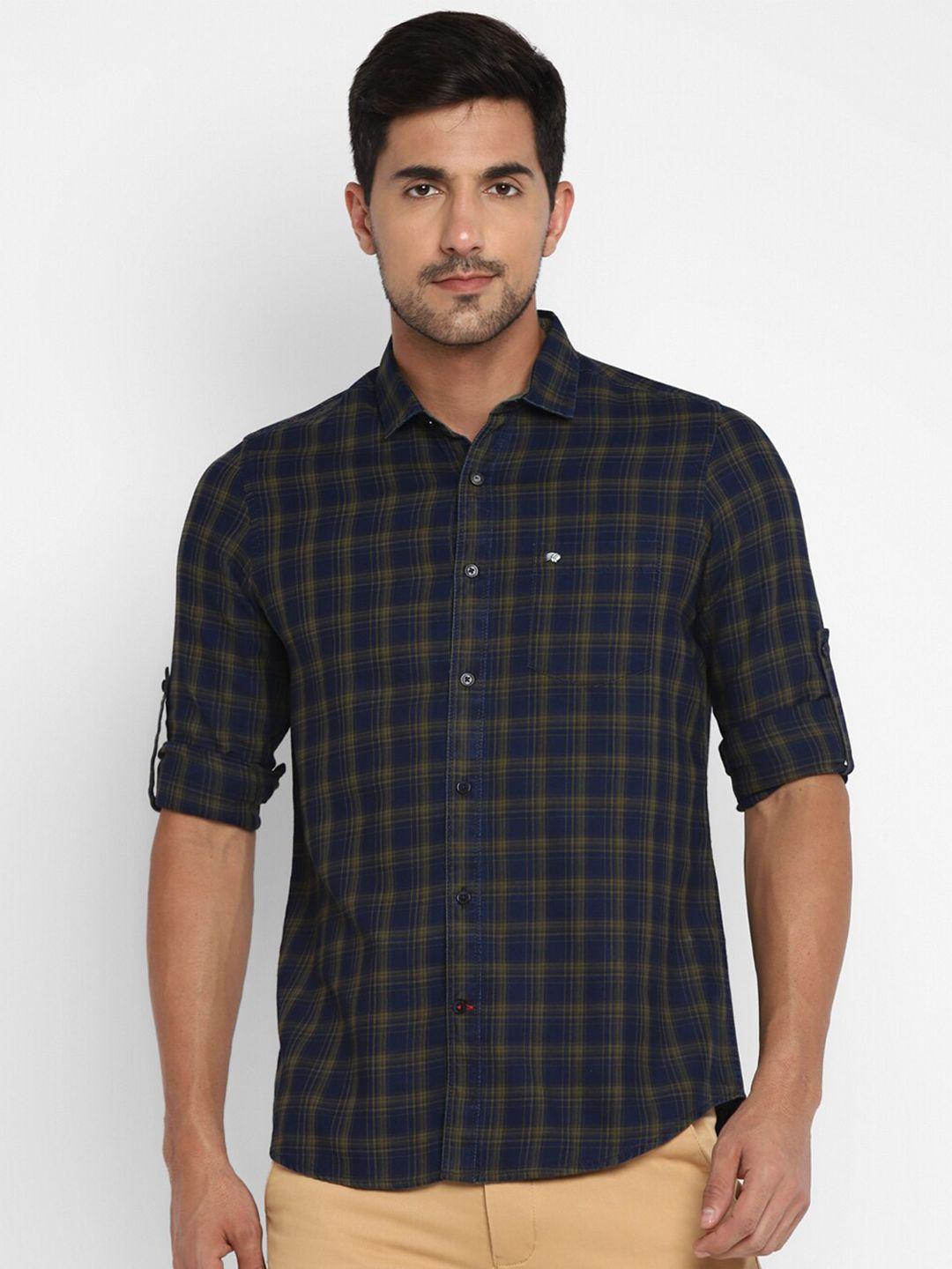 red chief men navy blue and green checked slim fit cotton casual shirt
