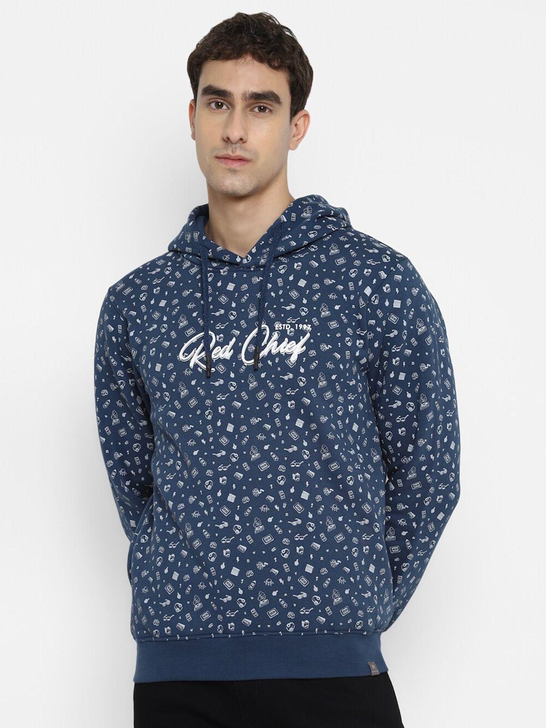 red chief men navy blue printed hooded sweatshirt