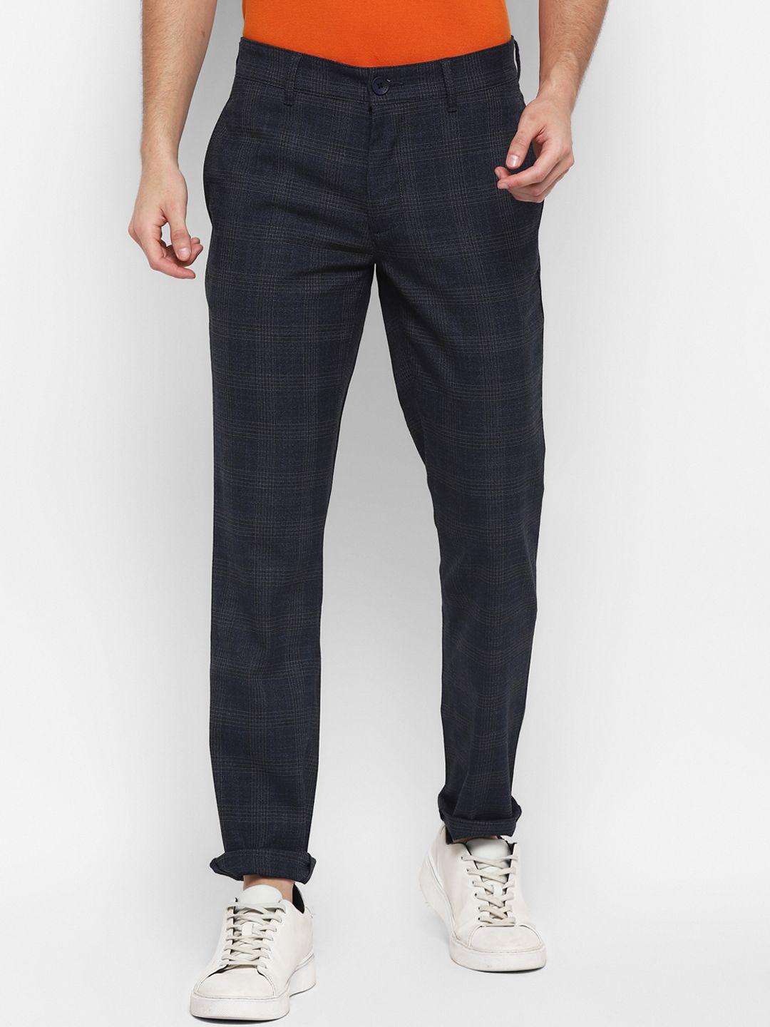 red chief men navy blue regular fit checked relaxed high-rise trousers