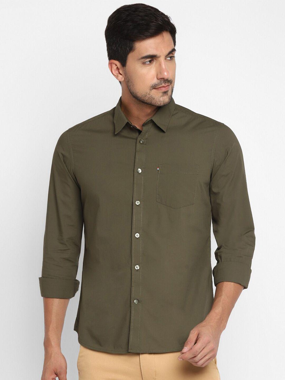 red chief men olive green solid slim fit cotton casual shirt