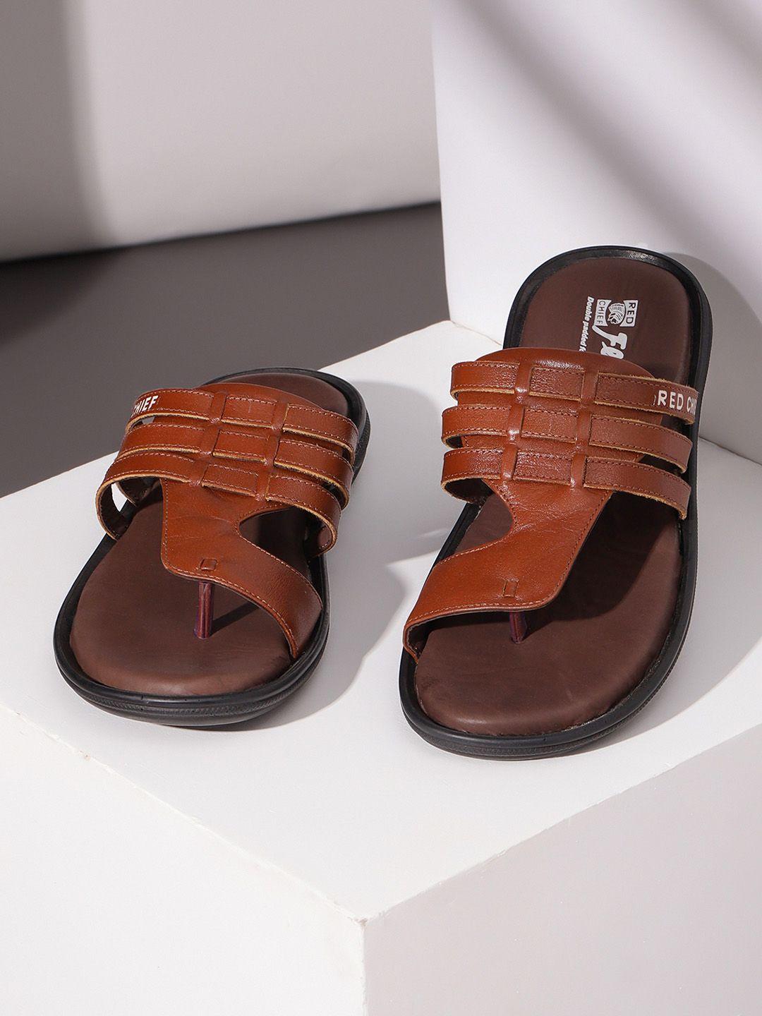 red chief men tan & black leather comfort sandals