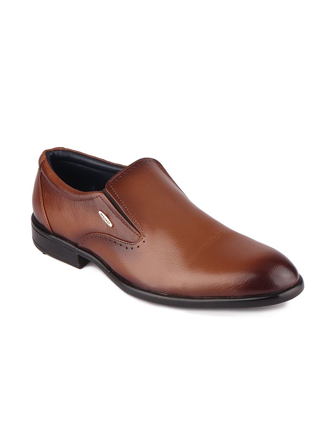red chief men tan-brown solid leather formal slip-ons