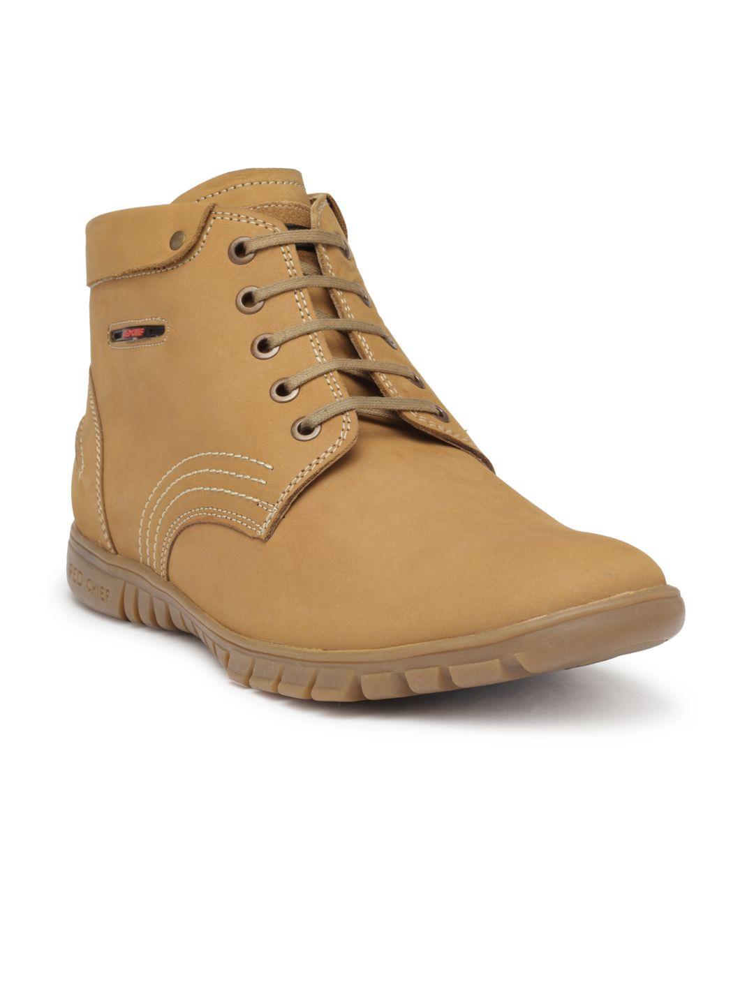 red chief men tan brown solid leather mid-top flat boots