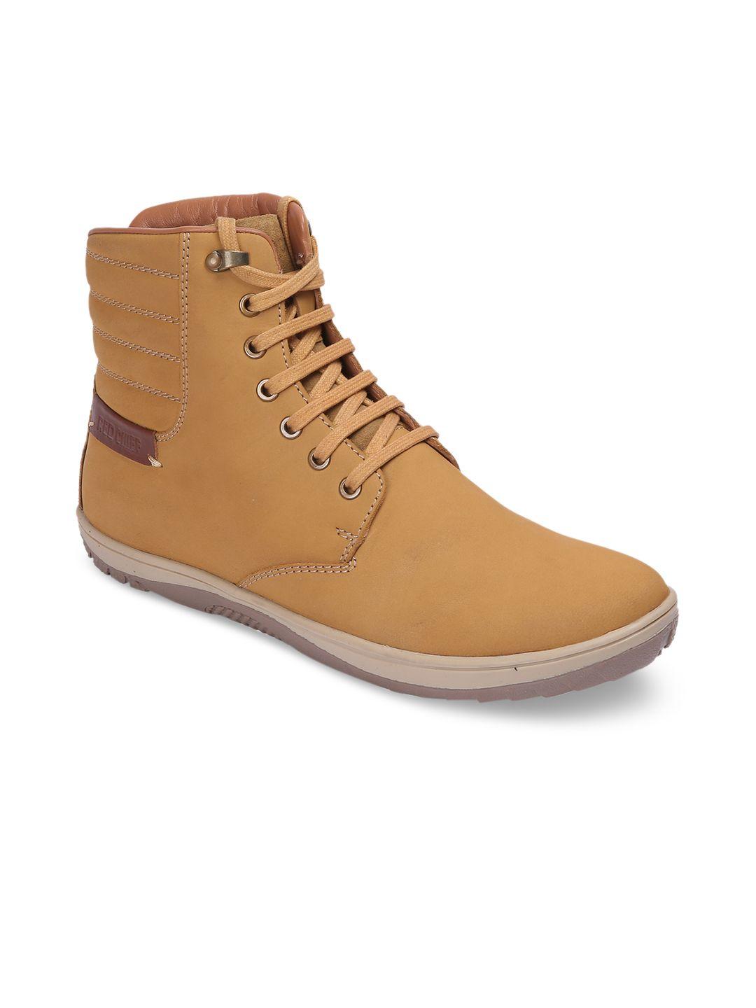 red chief men tan solid leather mid-top flat boots