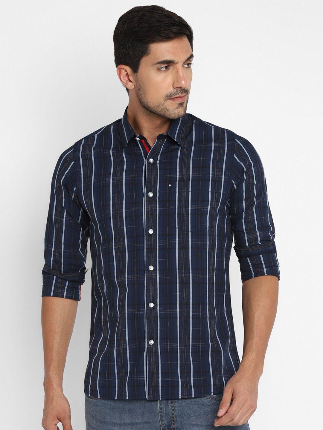 red chief men teal slim fit striped casual shirt