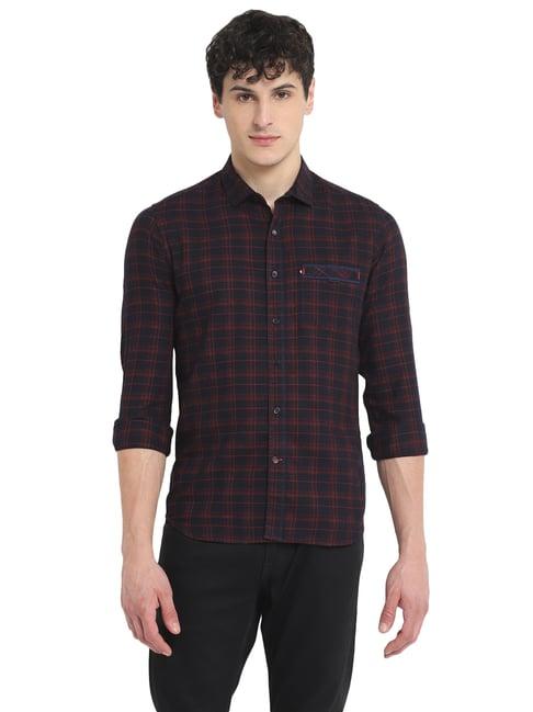 red chief navy & red slim fit check shirt