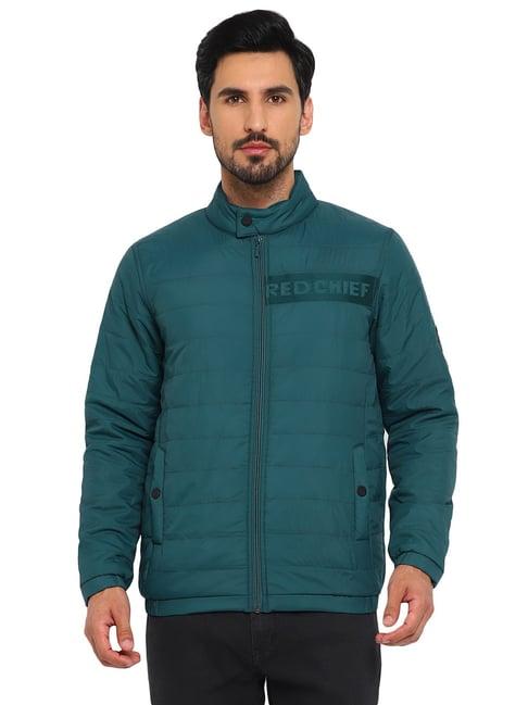 red chief teal green regular fit mock collar jacket