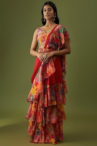 red chiffon & organza digital printed pre-draped saree set