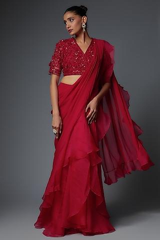 red chiffon & organza draped saree set