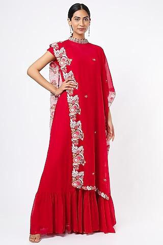 red chiffon anarkali set