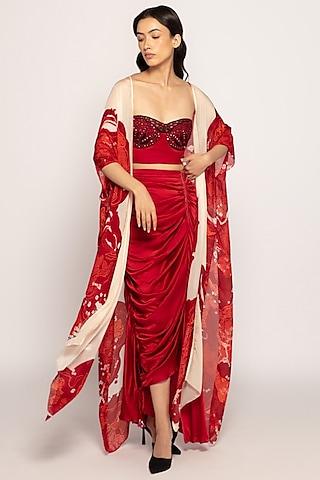 red chiffon bandhani printed cape set