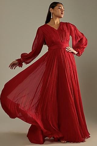 red chiffon draped gown