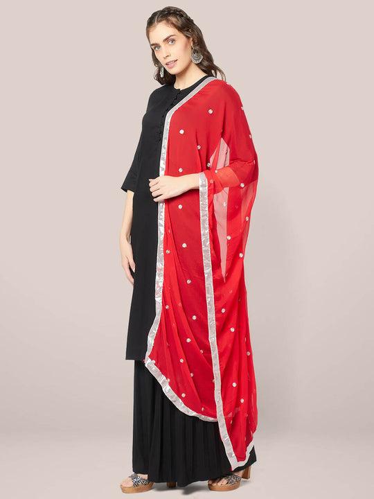 red chiffon dupatta with silver embroidery
