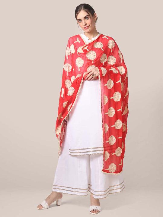 red chiffon dupatta with tree embroidery in cream