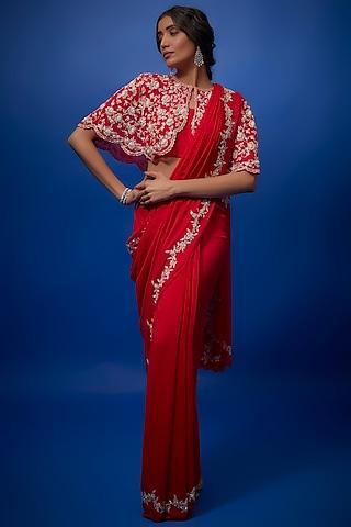red chiffon embroidered poncho saree set
