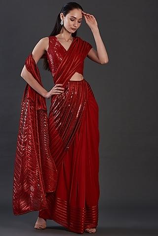 red chiffon embroidered saree set