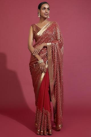 red chiffon embroidered saree set