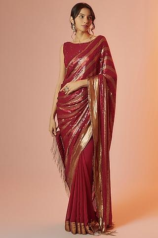 red chiffon embroidered saree set