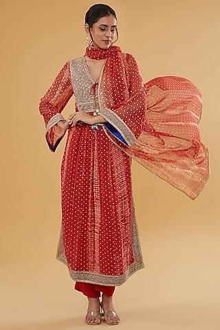 red chiffon foil printed tie & dye kurta set