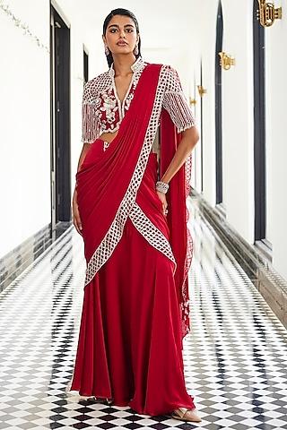 red chiffon hand embroidered draped saree set