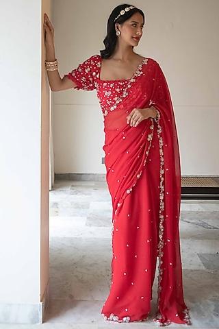 red chiffon hand embroidered saree set