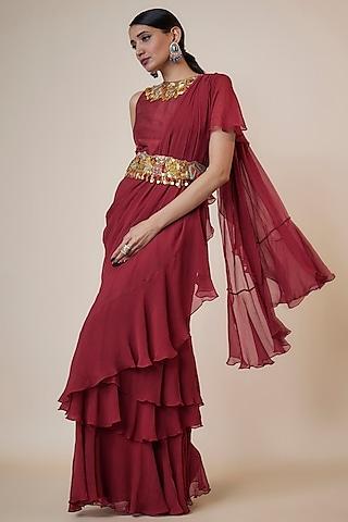 red chiffon pre-draped saree set