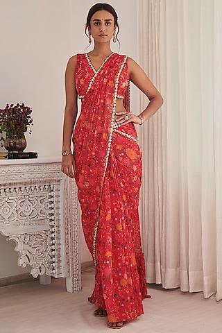 red chiffon printed & embroidered pre-stitched saree set