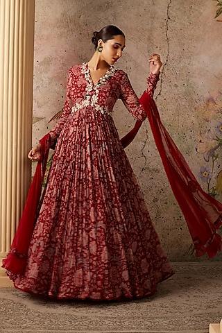 red chiffon printed & floral embroidered anarkali set