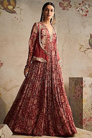 red chiffon printed anarkali with jacket