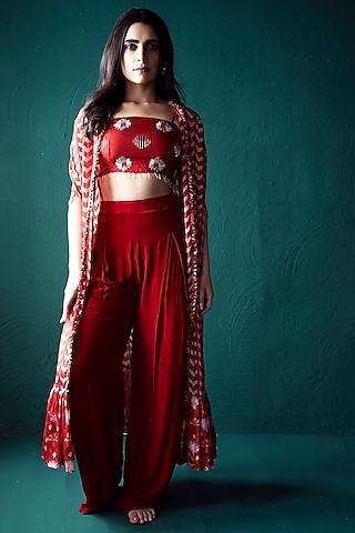 red chiffon printed cape set