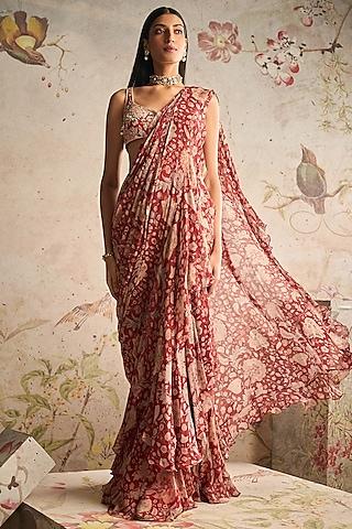 red chiffon printed drape saree set