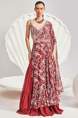 red chiffon printed one-shoulder cape set