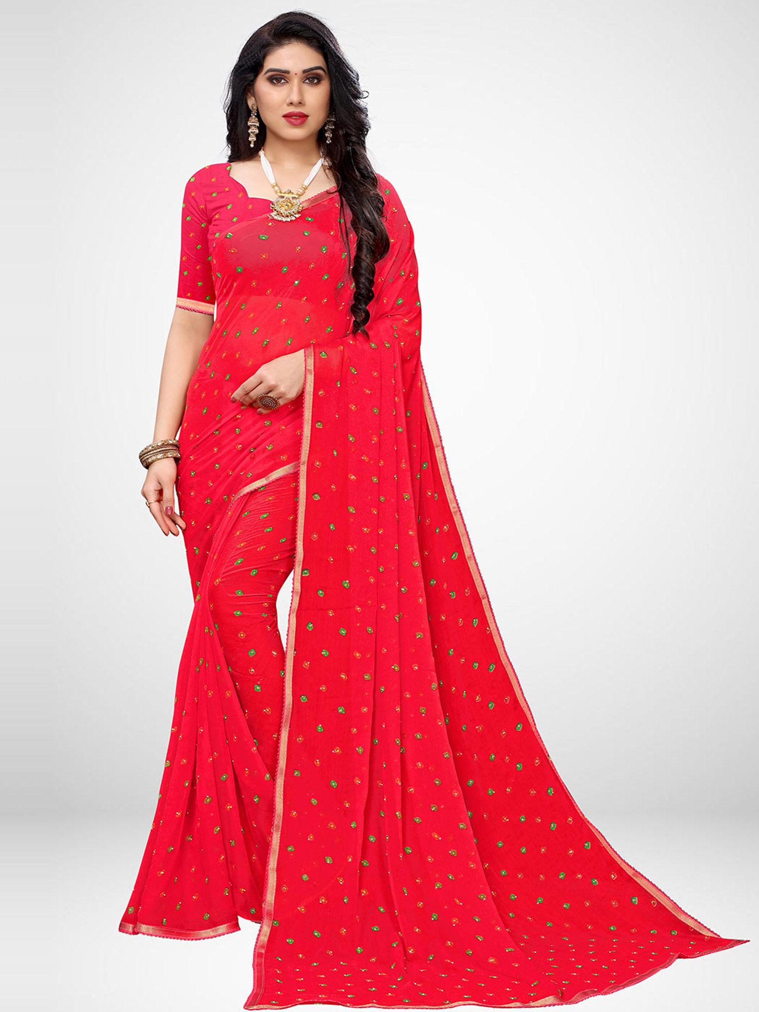red chiffon printed saree with unstitched blouse