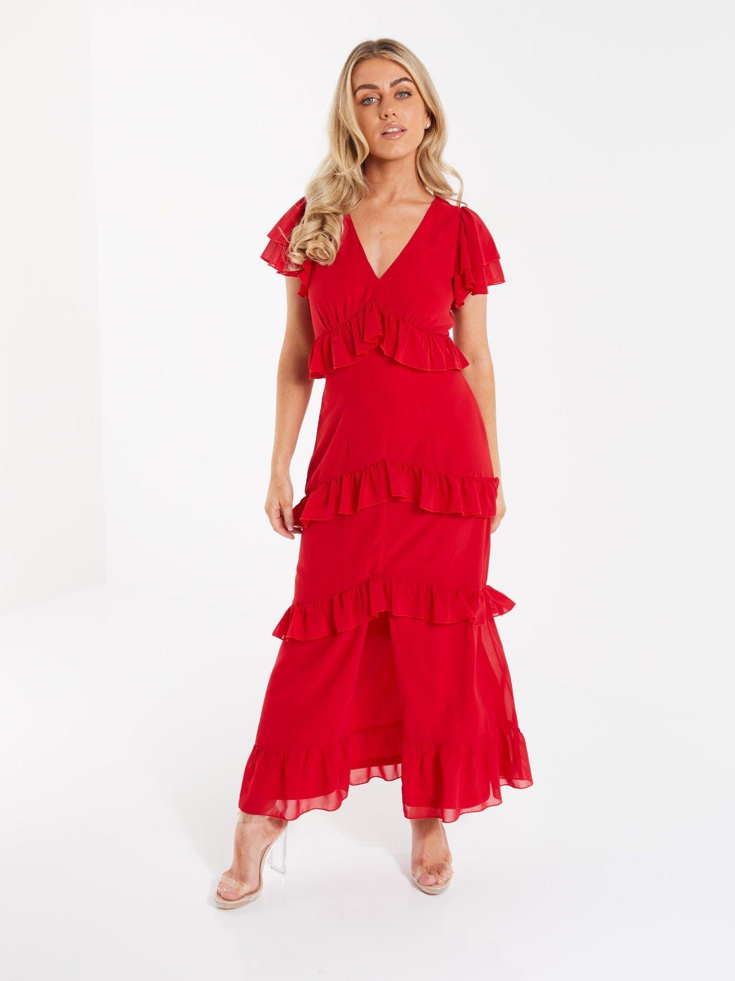 red chiffon v neck frill split front maxi dress