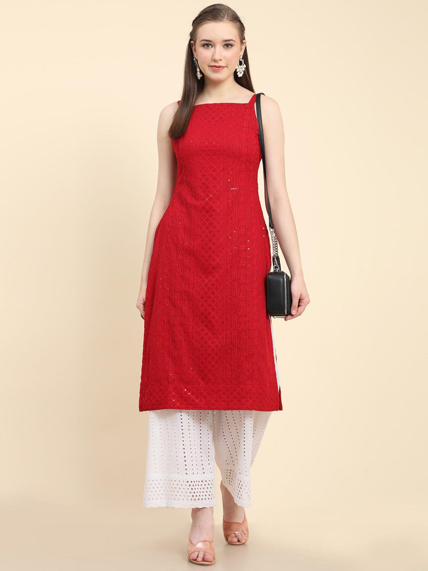 red chikankari georgette kurta