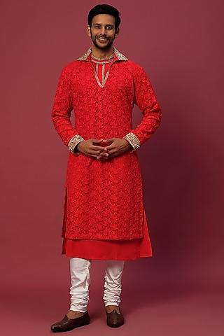 red chikankari kurta set