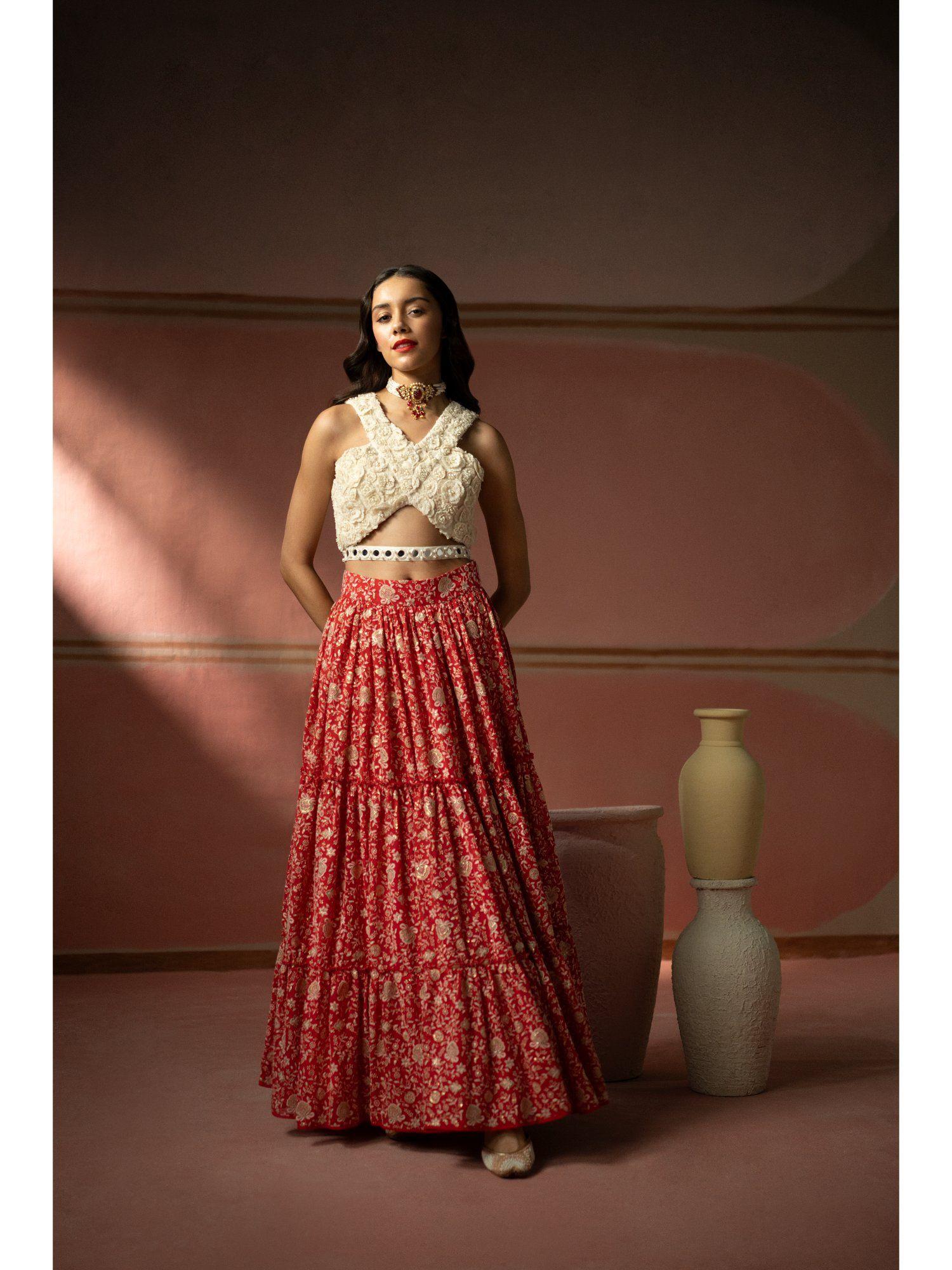 red chikankari lehenga (set of 2)