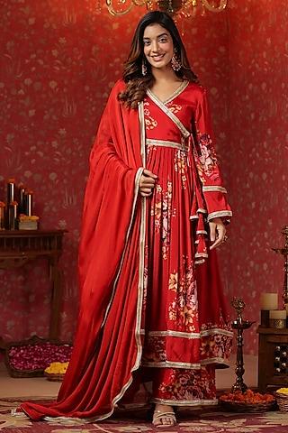 red chinon digital printed angrakha anarkali set