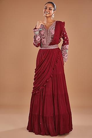 red chinon georgette draped gown saree