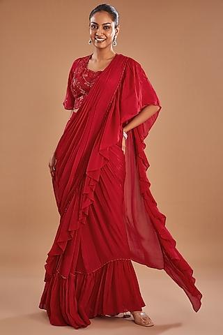 red chinon georgette draped ruffled saree set