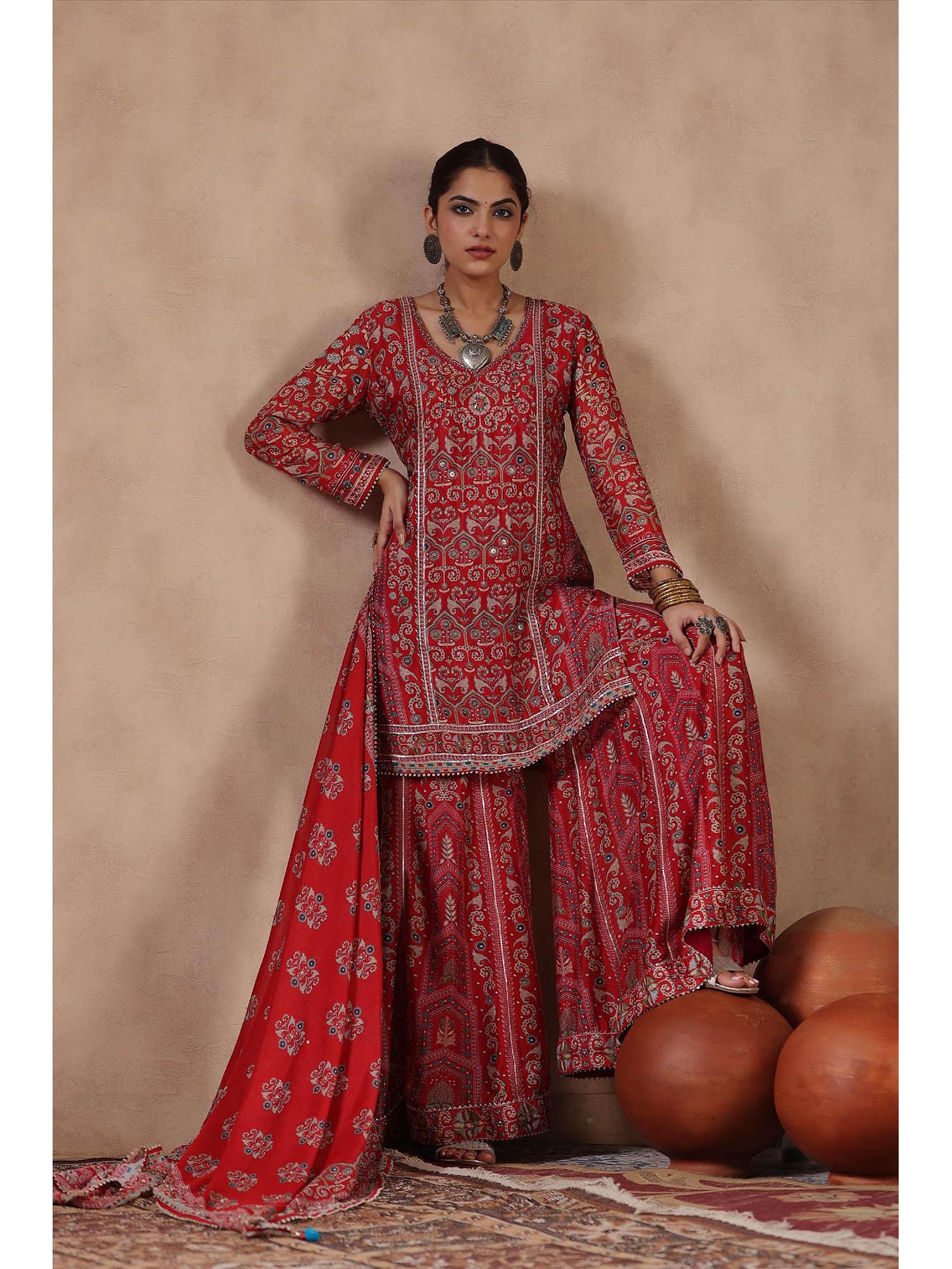 red chinon silk ajrakh print & gota kurta with sharara & dupatta (set of 3)