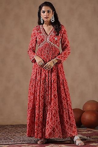 red chinon silk bandhani printed gown