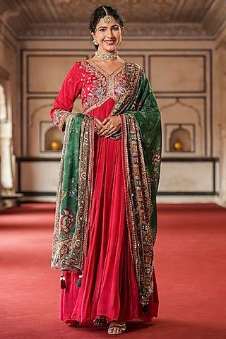 red chinon silk mirror embellished gathered gown with dupatta