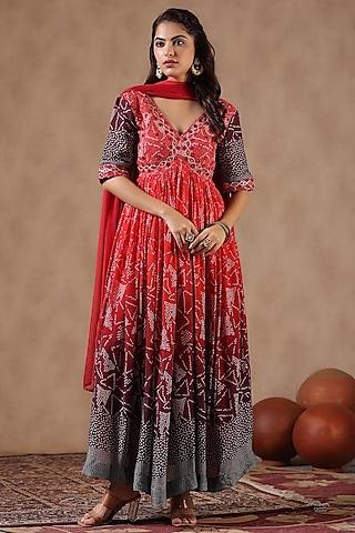 red chinon silk mirror work & bandhani printed gathered anarkali set