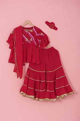 red chinon silk triple-tiered sharara set for girls