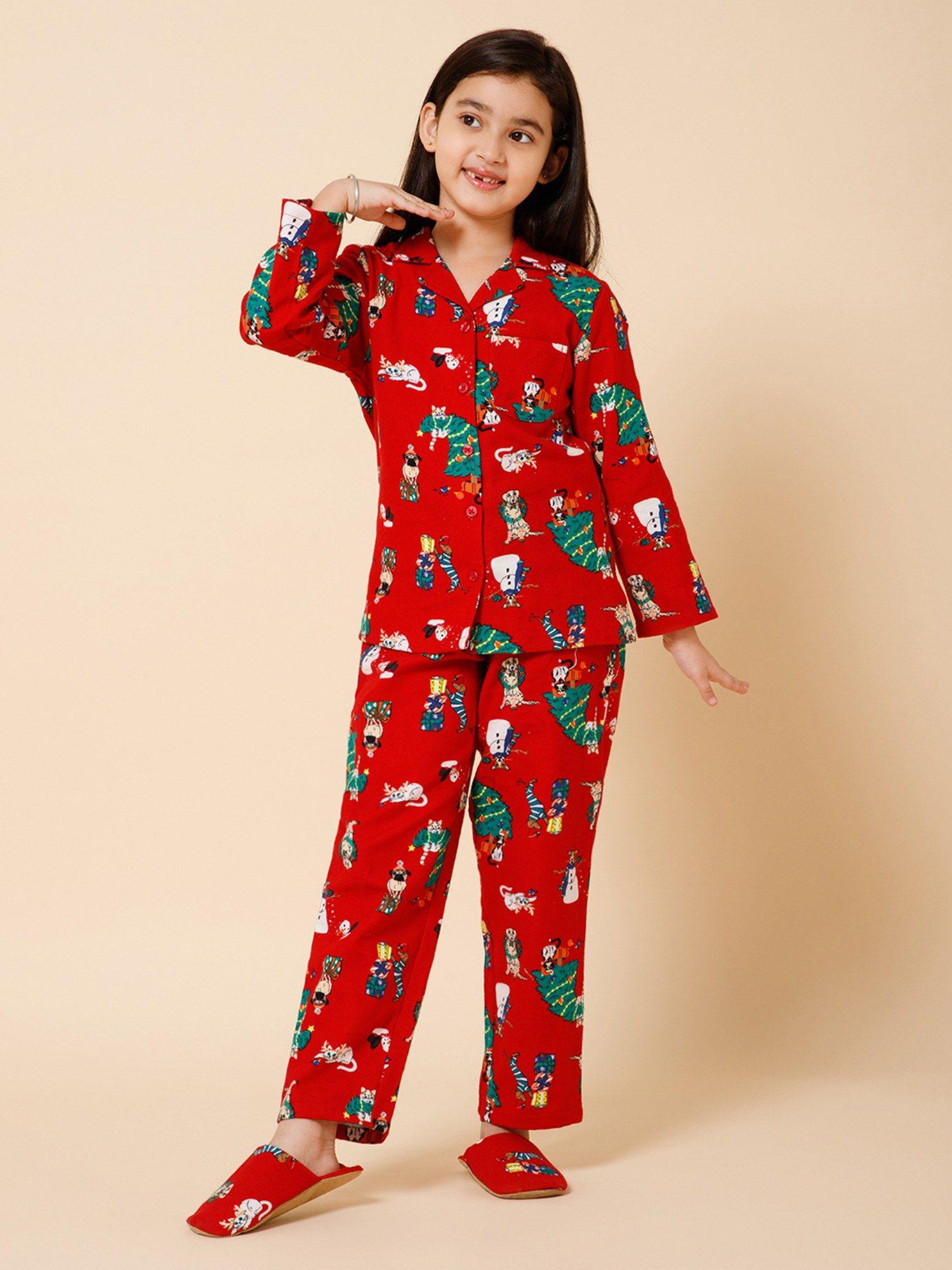 red christmas tree night suit shirt & pant with slip on slippers (set of 3)