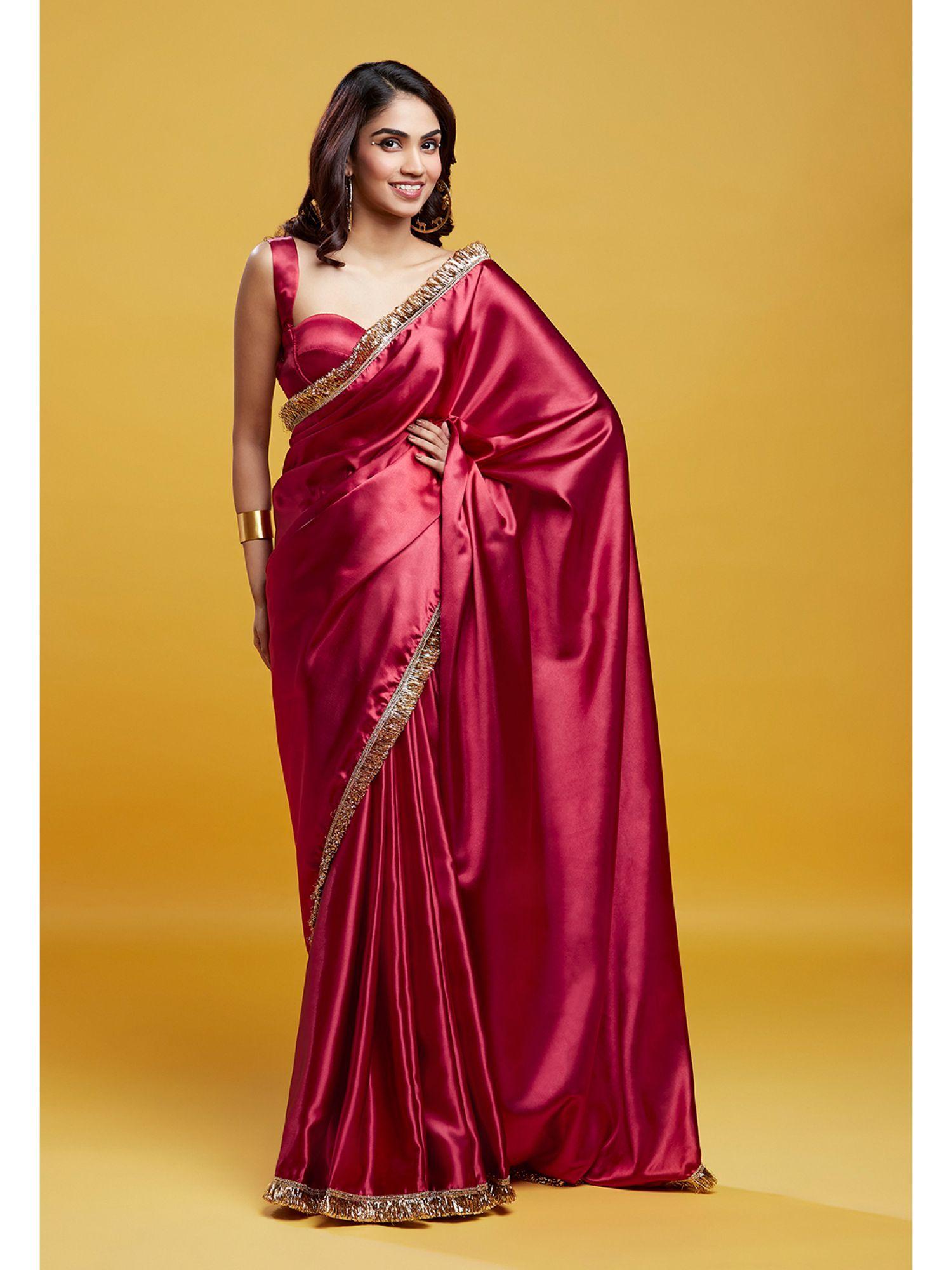 red cocktail saree with stitched blouse