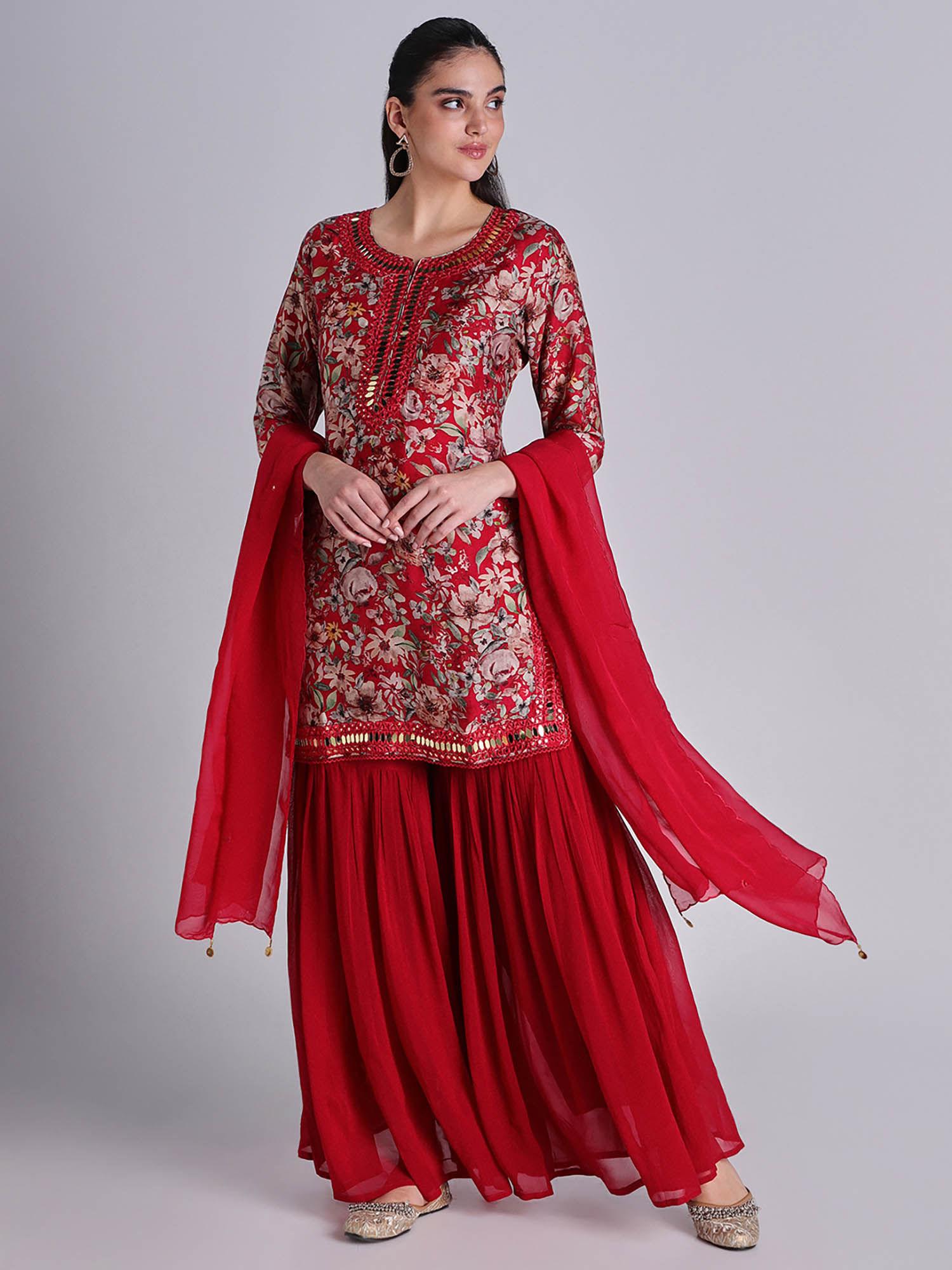 red color kurta with sharara and dupatta (set of 3)