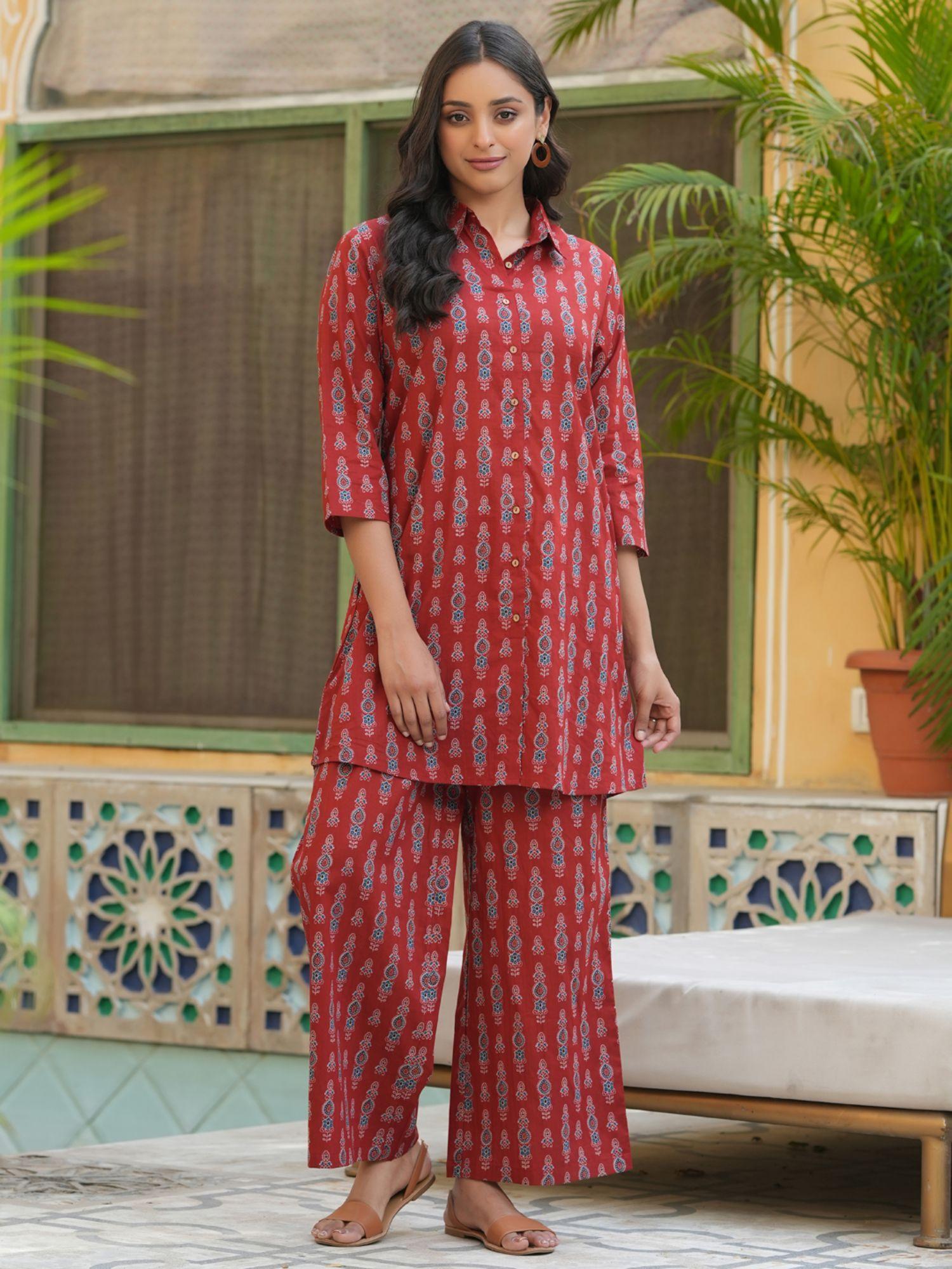 red color printed women pure cotton kurti & pyjama night suit (set of 2)